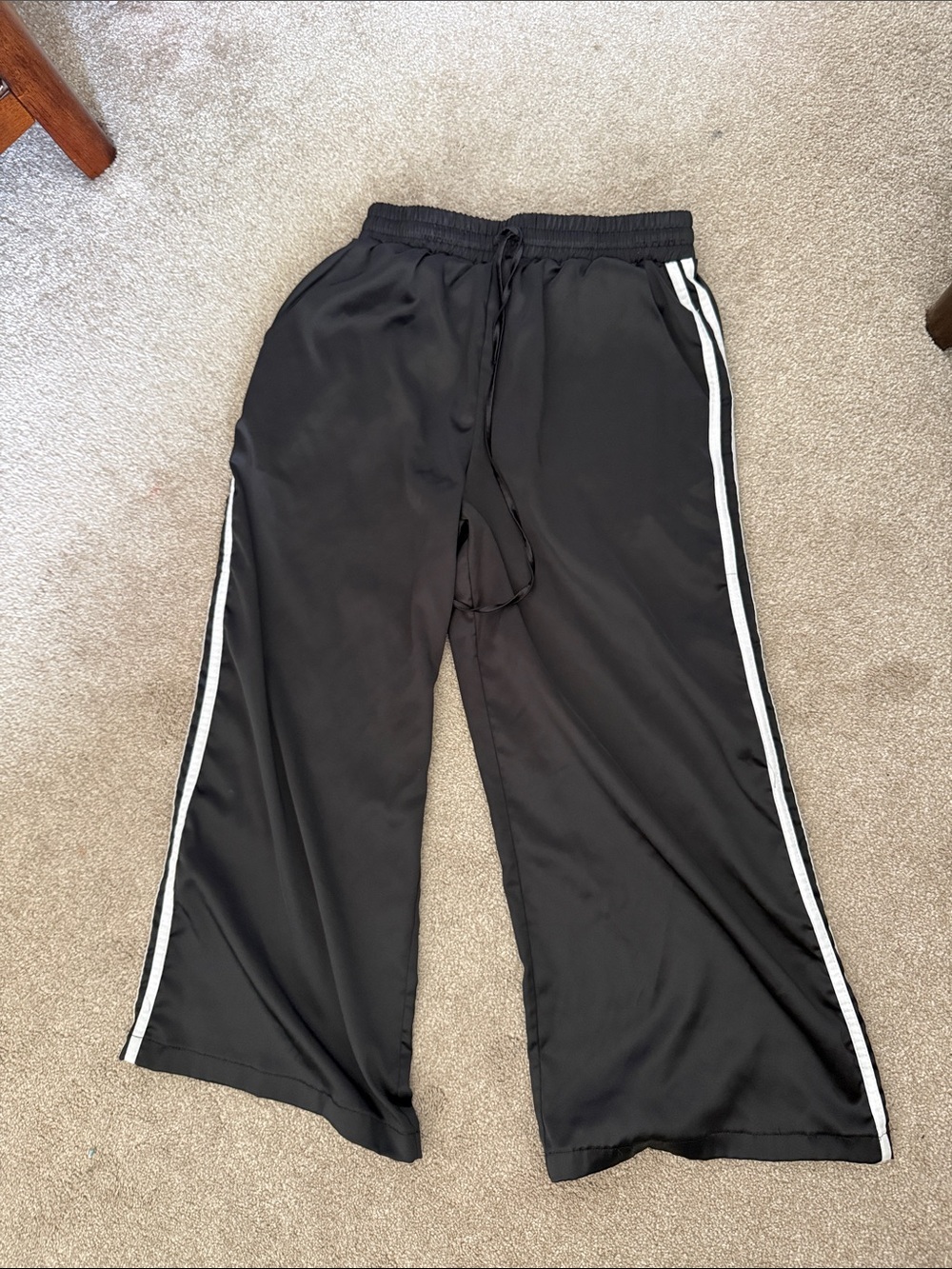 Women’s Black Wide-Leg Track Pants with White Side Stripe